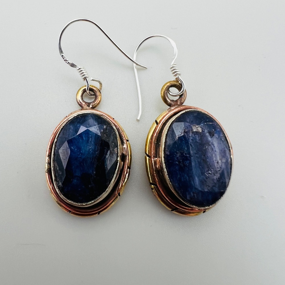 Mixed Metal Blue Stone Earrings Oval Dangle Drop Pierced Artisan Boho Statement